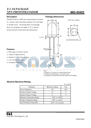 MID-52422 datasheet - T-1 3/4 PACKAGE NPN PHOTOTRANSISOR