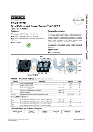 FDMA1025P datasheet - Dual P-Channel PowerTrench MOSFET -20V, -3.1A, 105mohm