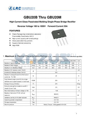 GBU20B datasheet - High Current Glass Passivated Molding Single-Phase Bridge Rectifier