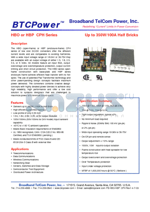 HBO80A-48-2.5N datasheet - Up to 350W/100A Half Bricks