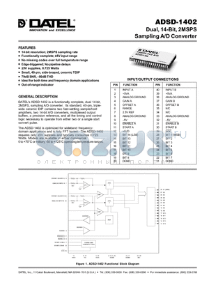 ADSD-1402 datasheet - Dual, 14-Bit, 2MSPS Sampling A/D Converter