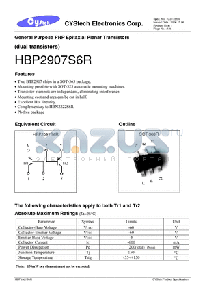 HBP2907S6R datasheet - General Purpose PNP Epitaxial Planar Transistors(dual transistors)