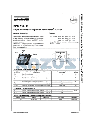 FDMA291P datasheet - Single P-Channel 1.8V Specified PowerTrench MOSFET