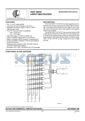 IDT54FCT151ATP datasheet - FAST CMOS 8-INPUT MULTIPLEXER