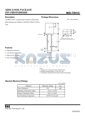 MID-73H1C datasheet - SIDE-LOOK PACKAGE PIN PHOTODIODE