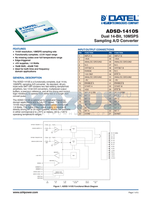 ADSD-1410S-EX datasheet - Dual 14-Bit, 10MSPS Sampling A/D Converter