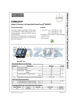 FDMA291P datasheet - Single P-Channel 1.8V Specified PowerTrench^ MOSFET