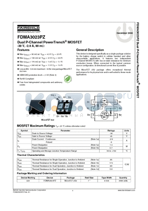 FDMA3023PZ datasheet - Dual P-Channel PowerTrench^ MOSFET -30 V, -2.9 A, 90 mY