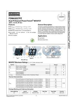 FDMA3027PZ datasheet - Dual P-Channel PowerTrench^ MOSFET -30 V, -3.3 A, 87 mY