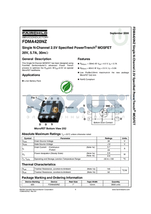 FDMA420NZ datasheet - Single N-Channel 2.5V Specified PowerTrench MOSFET 20V, 5.7A, 30m