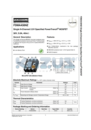 FDMA430NZ datasheet - Single N-Channel 2.5V Specified PowerTrench^ MOSFET30V, 5.0A, 40mY