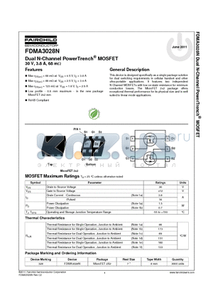 FDMA3028N datasheet - Dual N-Channel PowerTrench^ MOSFET 30 V, 3.8 A, 68 mY