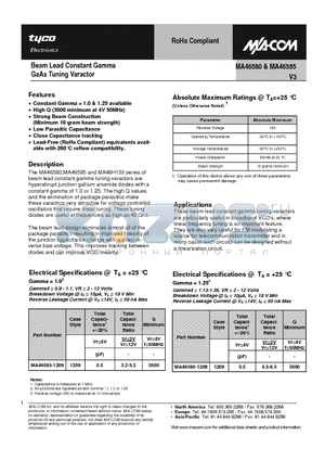 MA46585 datasheet - Beam Lead Constant Gamma GaAs Tuning Varactor