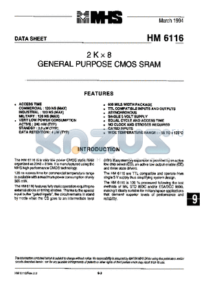 HM1-6116-9 datasheet - 2K x 8 GENERAL PURPOSE CMOS SRAM