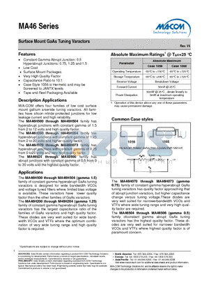 MA46505 datasheet - Surface Mount GaAs Tuning Varactors