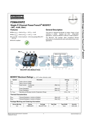 FDMA530PZ datasheet - Single P-Channel PowerTrench MOSFET -30V, -6.8A, 35mohm