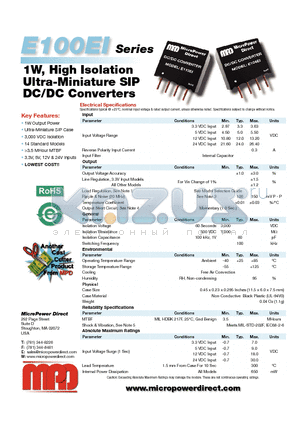 E111EI datasheet - 1W, High Isolation Ultra-Miniature SIP DC/DC Converters