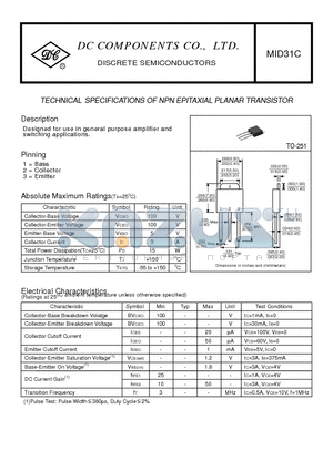 MID31C datasheet - TECHNICAL SPECIFICATIONS OF NPN EPITAXIAL PLANAR TRANSISTOR
