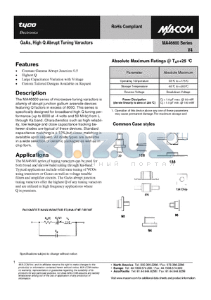 MA46602 datasheet - GaAs, High Q Abrupt Tuning Varactors