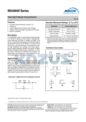 MA46602 datasheet - GaAs High Q Abrupt Tuning Varactors