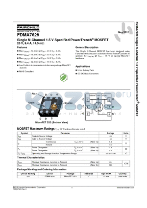 FDMA7628 datasheet - Single N-Channel 1.5 V Specified PowerTrench^ MOSFET 20 V, 9.4 A, 14.5 mY