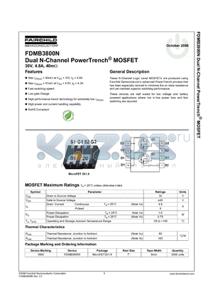 FDMB3800N datasheet - Dual N-Channel PowerTrench^ MOSFET 30V, 4.8A, 40m