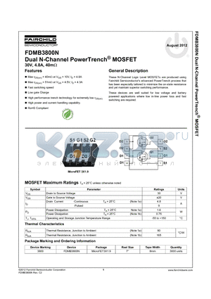 FDMB3800N_12 datasheet - Dual N-Channel PowerTrench^ MOSFET 30V, 4.8A, 40m