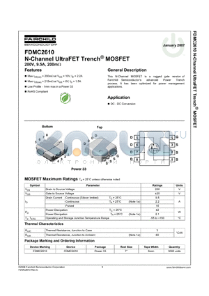FDMC2610 datasheet - N-Channel UltraFET Trench^ MOSFET 200V, 9.5A, 200mY