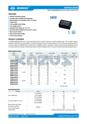 MIDR03-12D12M datasheet - DC/DC CONVERTER 3W, Reinforced Insulation, Medical Safety