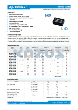 MIDR03-12D15M datasheet - DC/DC CONVERTER 3W, Reinforced Insulation, Medical Safety