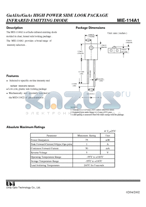 MIE-114A1 datasheet - GaAlAs/GaAs HIGH POWER SIDE LOOK PACKAGE INFRARED EMITTING DIODE