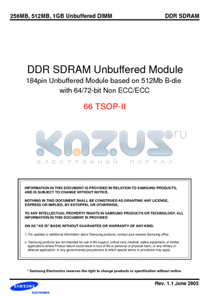 M368L2923BTM-LCC datasheet - DDR SDRAM Unbuffered Module 184pin Unbuffered Module based on 512Mb B-die with 64/72-bit Non ECC/ECC 66 TSOP-II