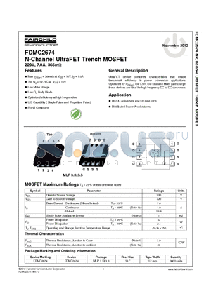 FDMC2674_12 datasheet - N-Channel UltraFET Trench MOSFET 220V, 7.0A, 366mY