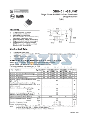 GBU402 datasheet - Single Phase 4.0 AMPS. Glass Passivated Bridge Rectifiers