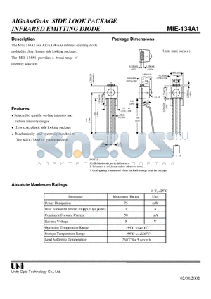 MIE-134A1 datasheet - AlGaAs/GaAs SIDE LOOK PACKAGE INFRARED EMITTING DIODE