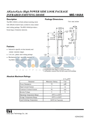 MIE-144A4 datasheet - AlGaAs/GaAs High POWER SIDE LOOK PACKAGE INFRARED EMITTING DIODE