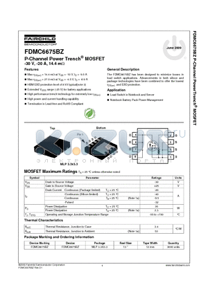 FDMC6675BZ datasheet - P-Channel Power Trench^ MOSFET -30 V, -20 A, 14.4 mY
