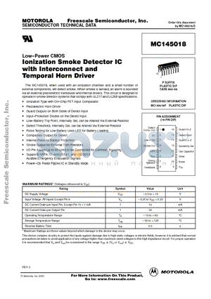 MC145018P datasheet - LONIZATION SMOKE DETECTOR IC WITH INTERCONNECT AND TEMPORAL HORN DRIVER