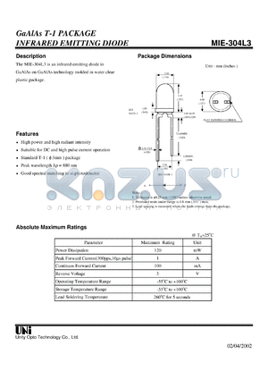 MIE-304L3 datasheet - GaAlAs T-1 PACKAGE INFRARED EMITTING DIODE