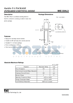 MIE-334L3 datasheet - GaAlAs T-1 PACKAGE INFRARED EMITTING DIODE