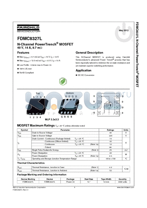 FDMC8327L datasheet - N-Channel PowerTrench^ MOSFET 40 V, 14 A, 9.7 mY