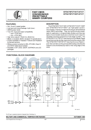 IDT54FCT161ATQ datasheet - FAST CMOS SYNCHRONOUS PRESETTABLE BINARY COUNTERS