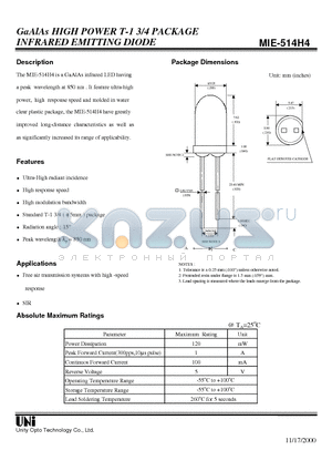 MIE-514H4 datasheet - GaAlAs HIGH POWER T-1 3/4 PACKAGE INFRARED EMITTING DIODE