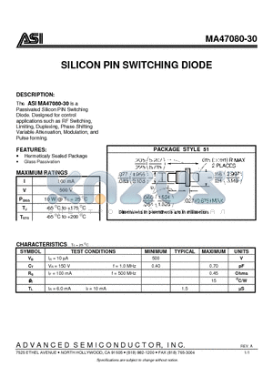 MA47080-30 datasheet - SILICON PIN SWITCHING DIODE