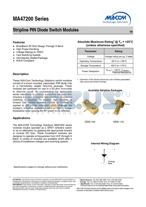 MA47200 datasheet - Stripline PIN Diode Switch Modules