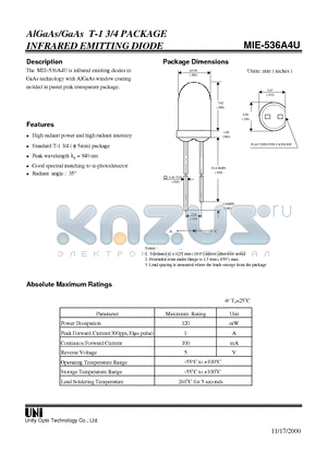 MIE-536A4U datasheet - AlGaAs/GaAs T-1 3/4 PACKAGE INFRARED EMITTING DIODE