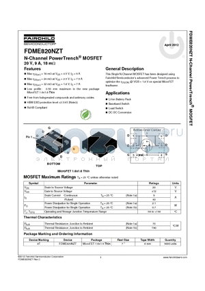 FDME820NZT datasheet - N-Channel PowerTrench^ MOSFET 20 V, 9 A, 18 mY