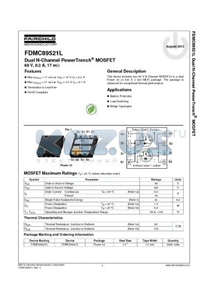 FDMC89521L datasheet - Dual N-Channel PowerTrench^ MOSFET 60 V, 8.2 A, 17 mY