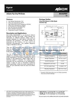 MA4AGP907 datasheet - AlGaAs Flip-Chip PIN Diode
