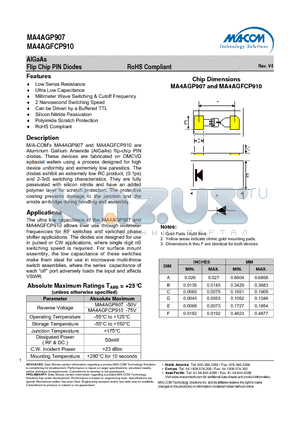 MA4AGP907 datasheet - AlGaAs Flip Chip PIN Diodes